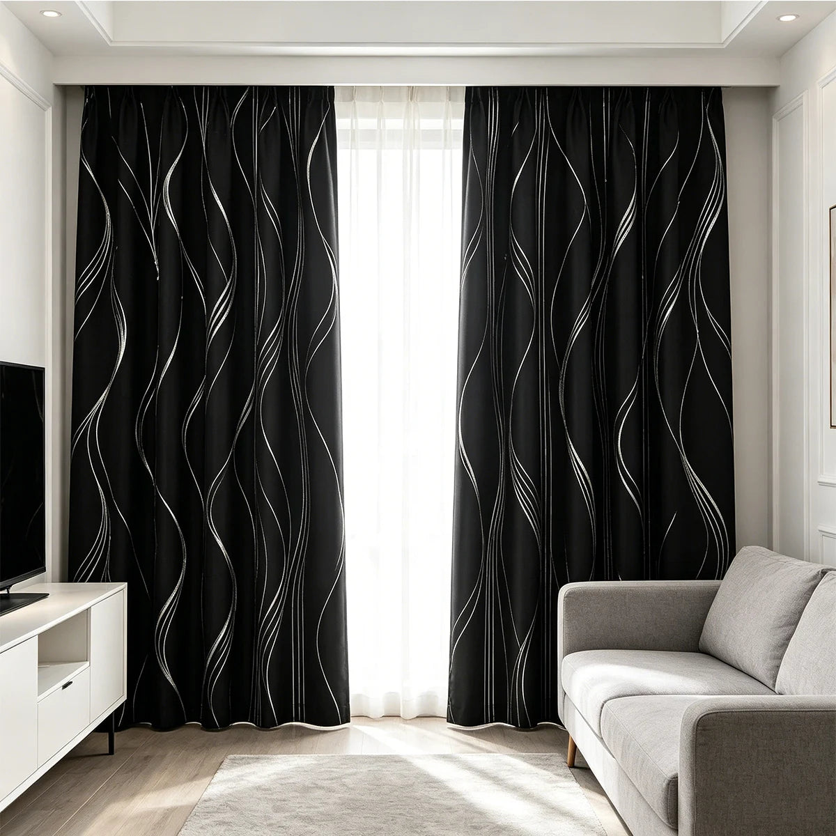 4 Panels 100% Blackout Curtains Silver Wave Foil Pattern Grommet Top