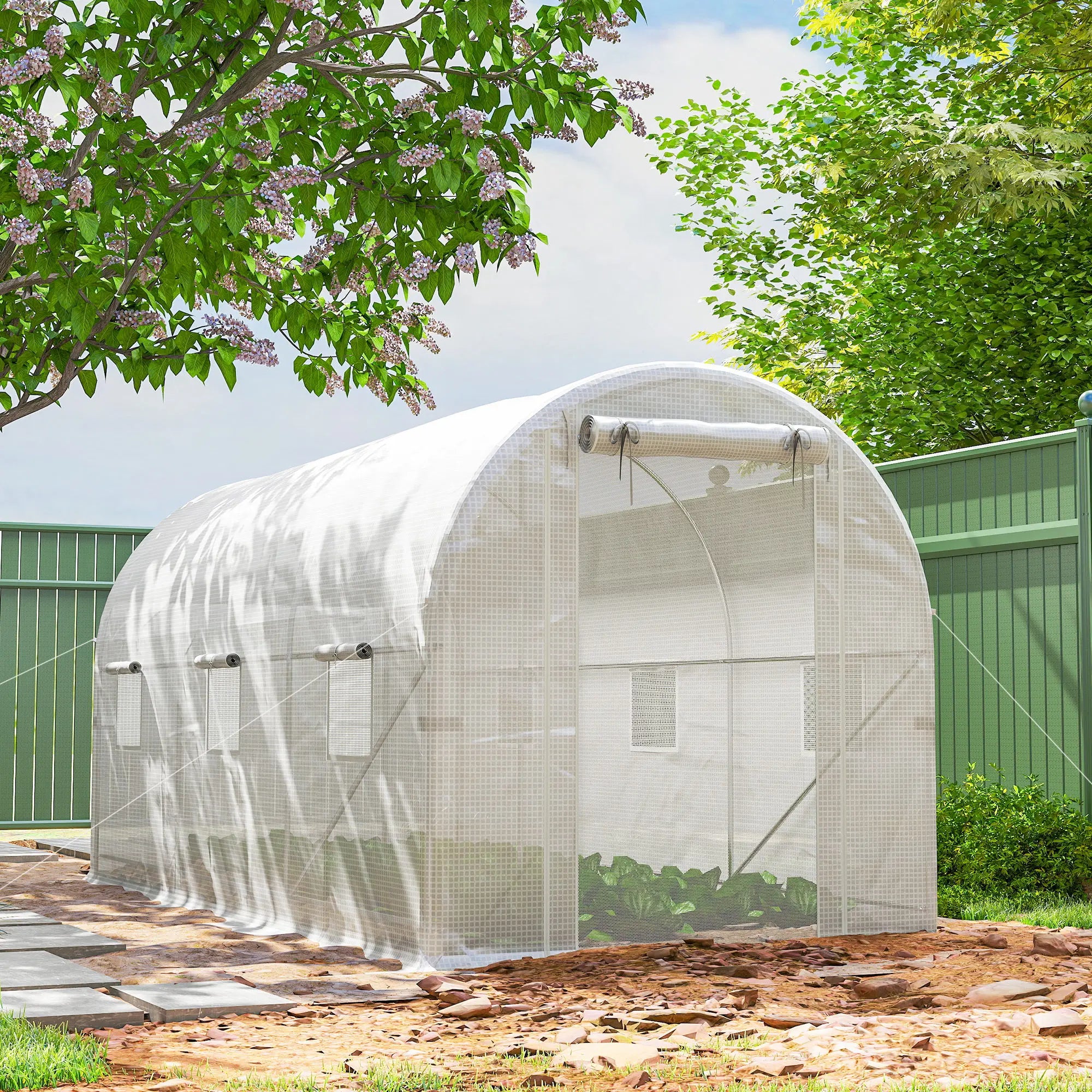 Hoop House Greenhouse with 2 Support Rods, Mesh Door, Walk-in Greenhouse, White