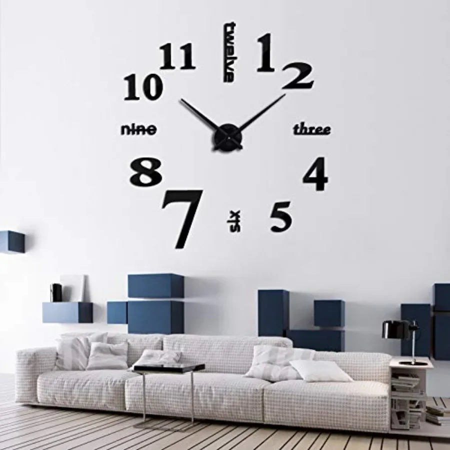 Modern 3D Wall Clock with Mirror Numbers Stickers for Home Office