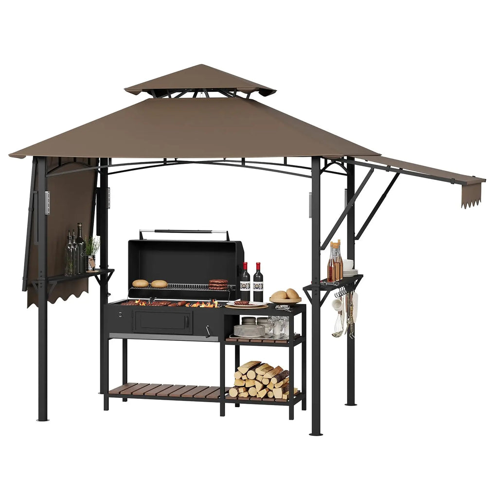 8x5 Grill Gazebo Outdoor BBQ Canopy Double Tier Patio Grill Shelter With Adjustable Dual Side Awnings 2 Handy Shelves Hooks And Ceiling Light Hook Heavy Duty Steel Frame For Backyard