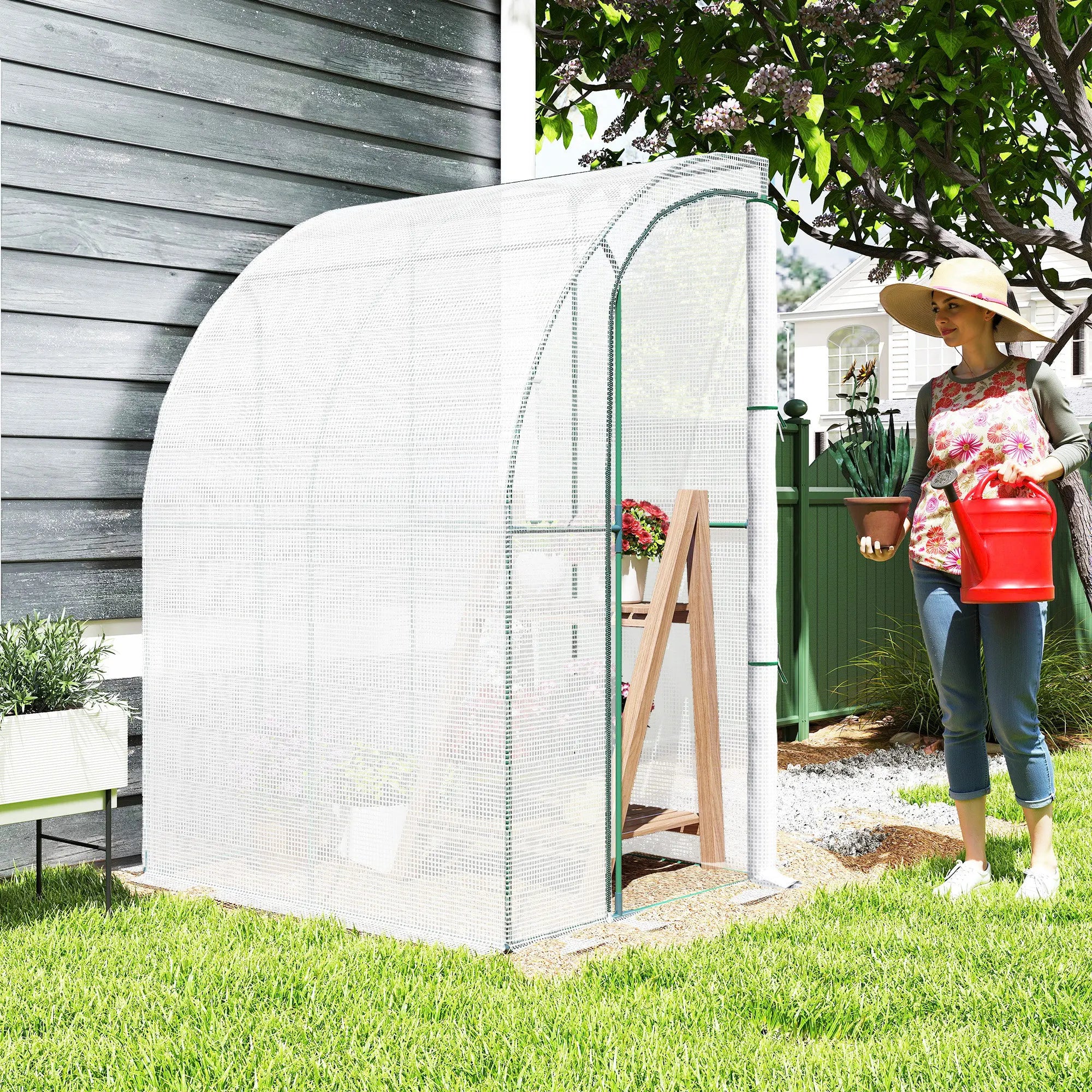 5' x 4' x 7' Outdoor Walk-in Lean-to Greenhouse Nursery, PE Cover, Door, White