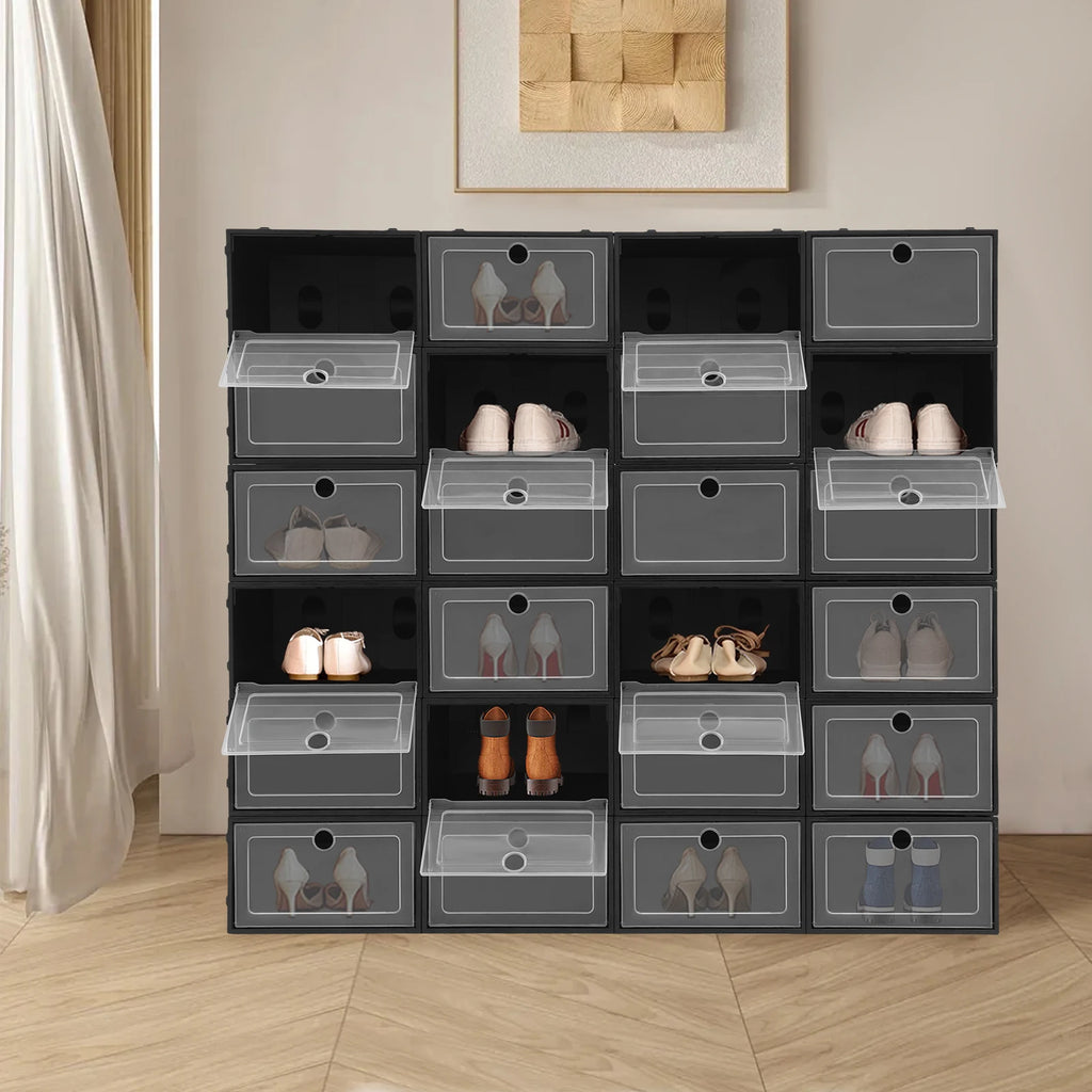 24-Pack Large Black Flip-Top Shoe Boxes - Stackable Clear Closet Organizer Storage Containers for Men & Women - Shoe Organizer
