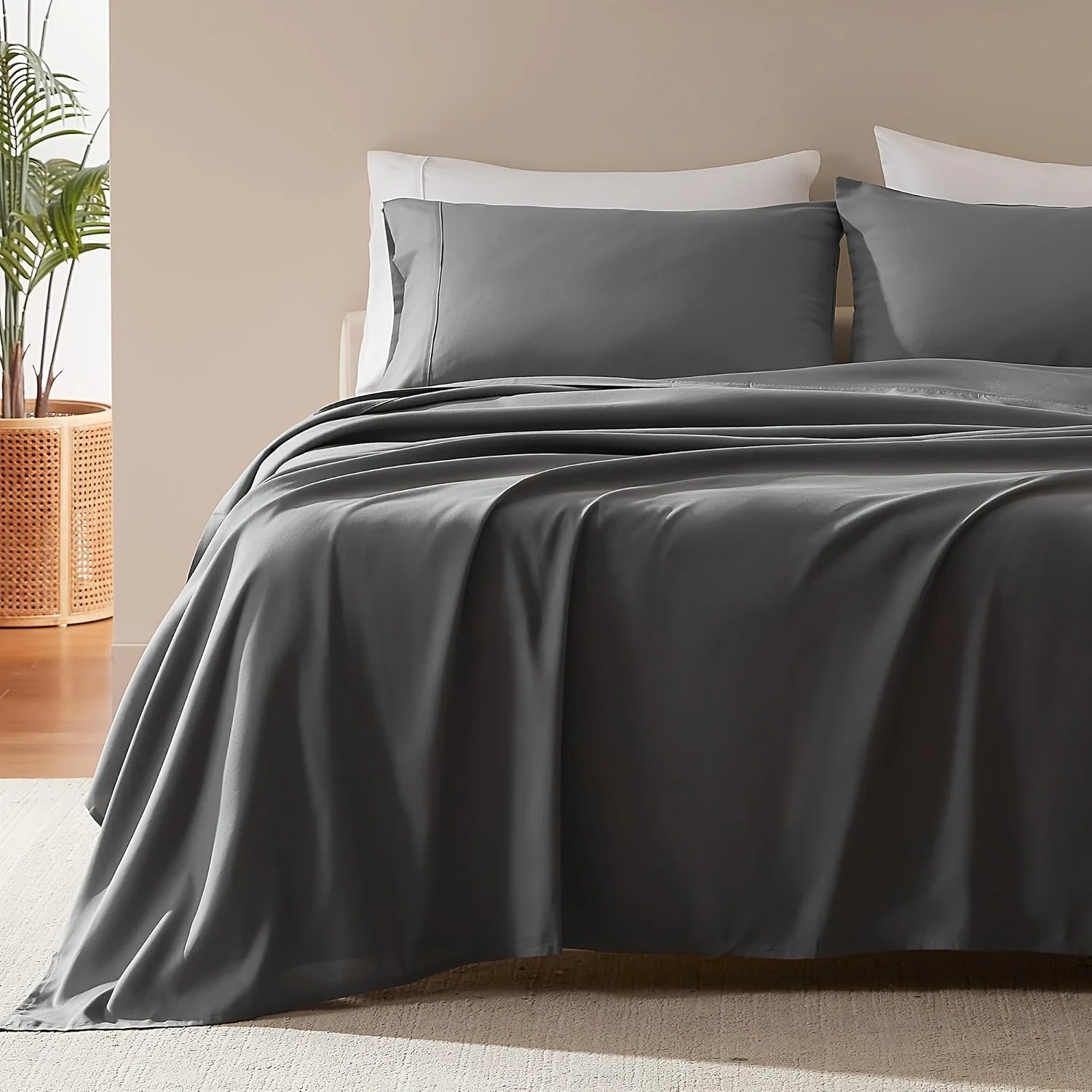 Cooling Bed Sheet King Sets Suitable for Hot Sleepers - Luxurious Ultra-Soft Bamboo Blend Sheets with Deep Fitted Base, King & Queen Size Cooling Bedding for Heavy-Sided Mattresses, Machine Washable (Pink/Grey), Christmas Dec