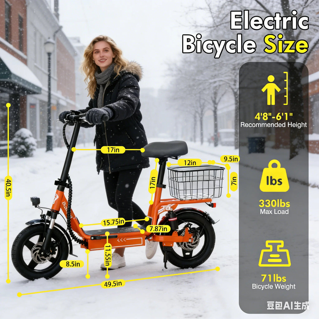 Electric Bike for Adults, 14“ Foldable E bike with seat 48V 10.4AH Battery