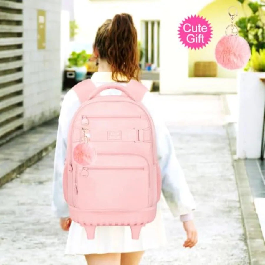 19 Inch School Roller Backpacks with Wheels, Adults Wheeled Bookbag with Lunch Box Pink