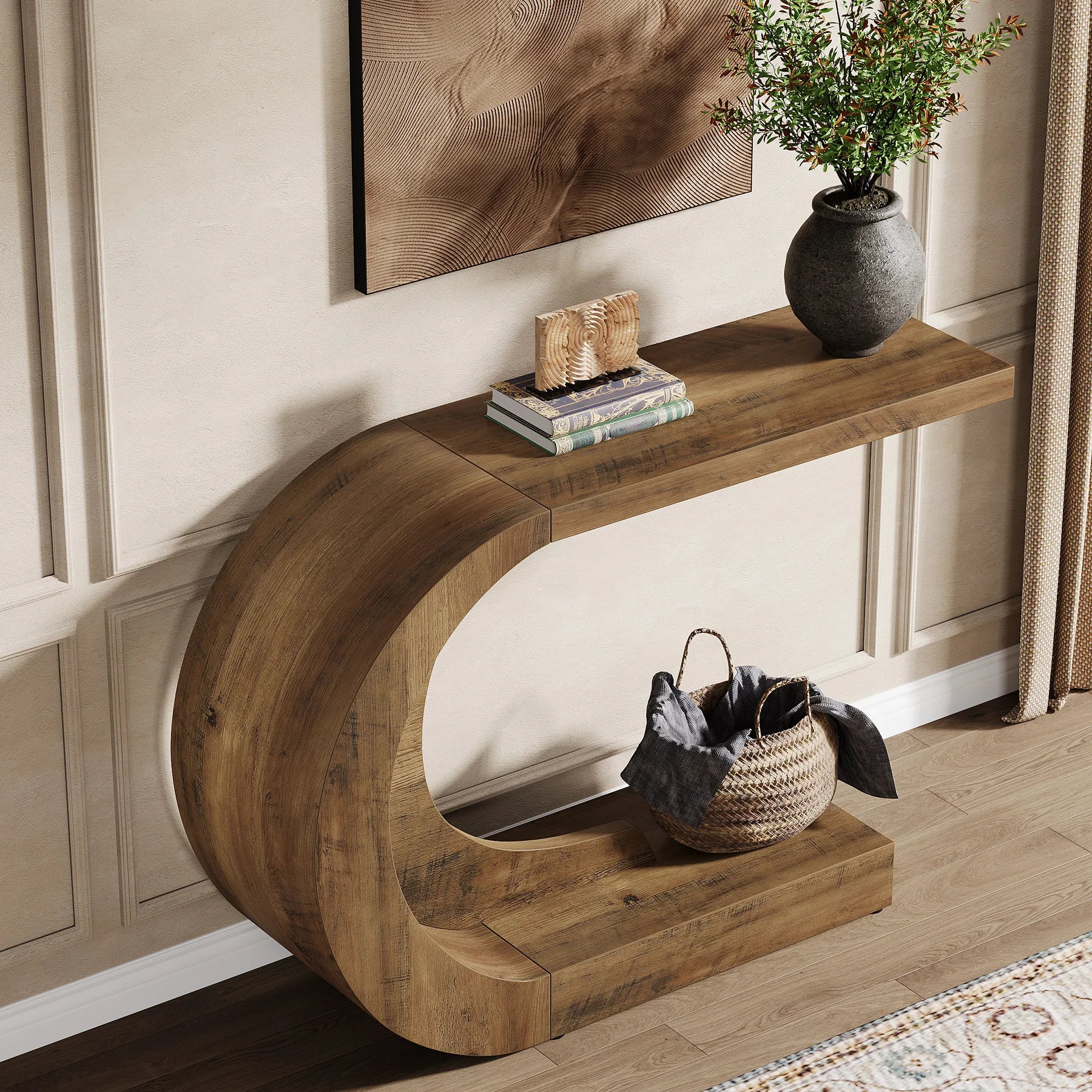 43.3" Mid-Century Modern Console Table for Entryway, Wood C-Shaped Hallway Entry Accent Table