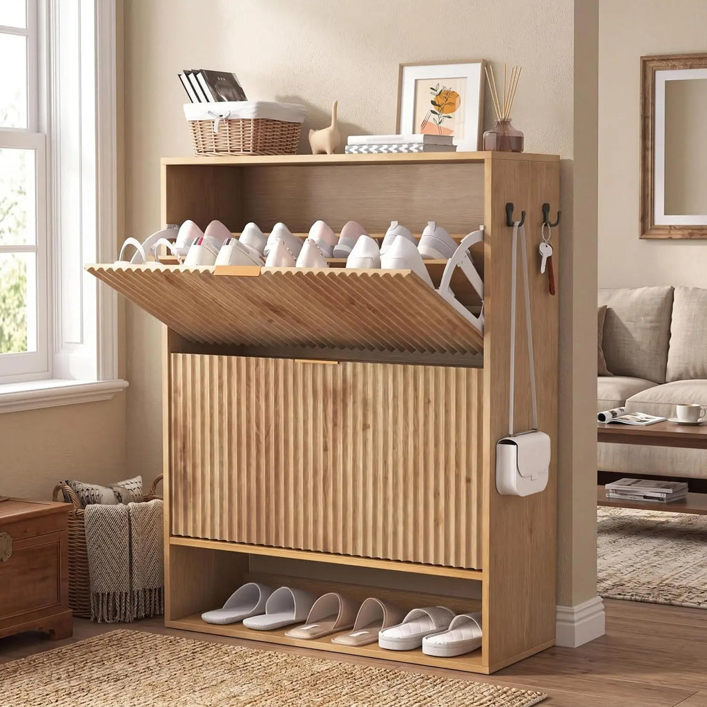 Slim Fluted Shoe Cabinet, 31.5 Inch Wide Narrow Shoe Storage, 2 Flip Drawers, Open Bottom Shelf, Side Hooks, Freestanding Entryway Organizer for Hallway and Foyer, Oak