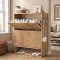 Slim Fluted Shoe Cabinet, 31.5 Inch Wide Narrow Shoe Storage, 2 Flip Drawers, Open Bottom Shelf, Side Hooks, Freestanding Entryway Organizer for Hallway and Foyer, Oak