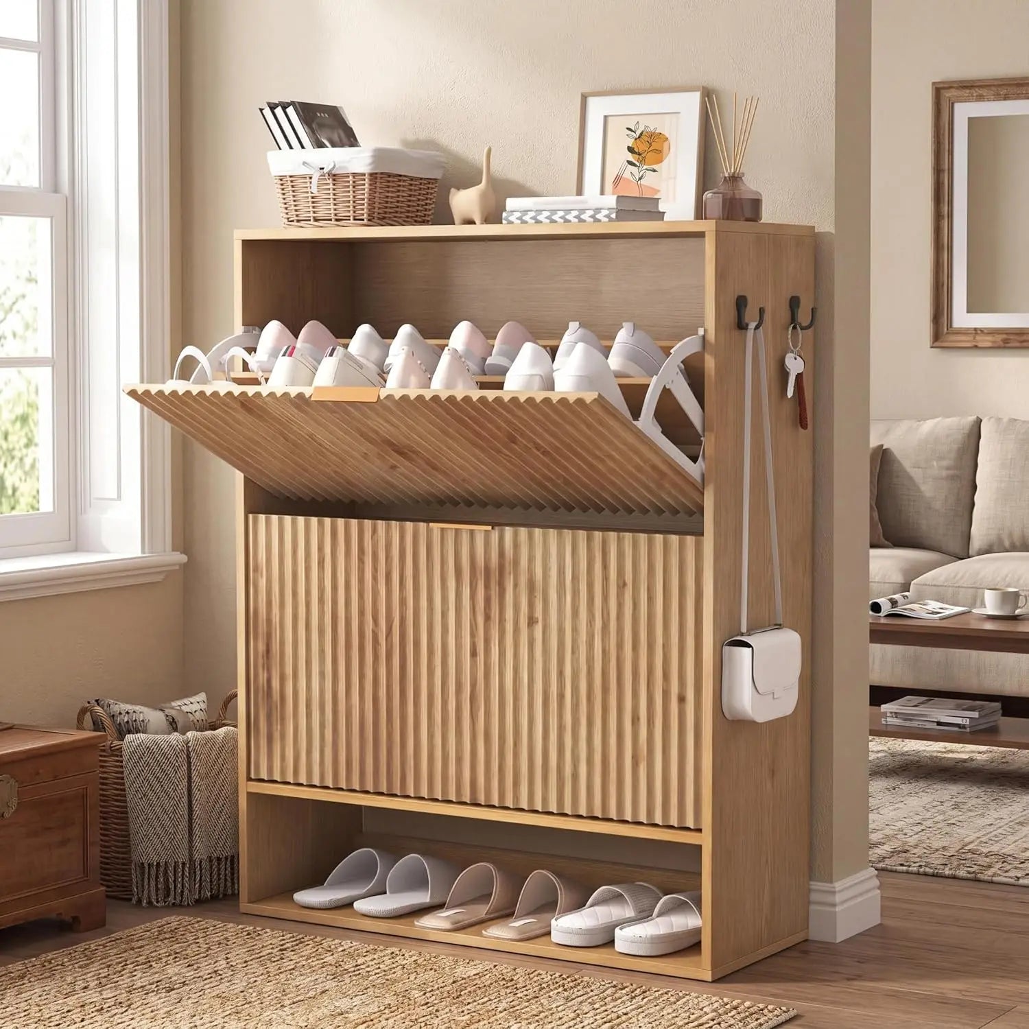 Slim Fluted Shoe Cabinet, 31.5 Inch Wide Narrow Shoe Storage, 2 Flip Drawers, Open Bottom Shelf, Side Hooks, Freestanding Entryway Organizer for Hallway and Foyer, Oak