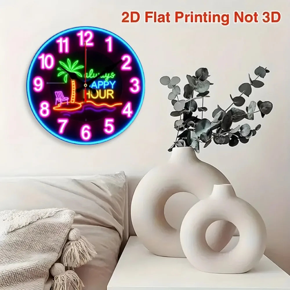 Large Modern Neon Glow Wall Clock with Happy Hour Indicator