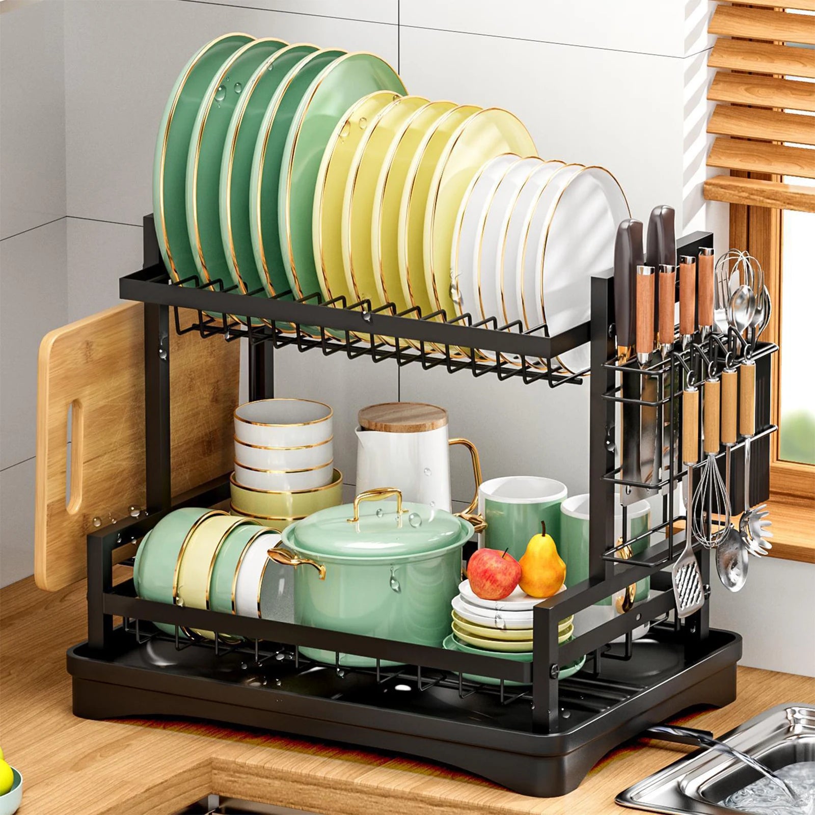 2 Tier Rustproof Dish Drainer Rack with Drip Tray and Utensils Holder with 360° Swivel