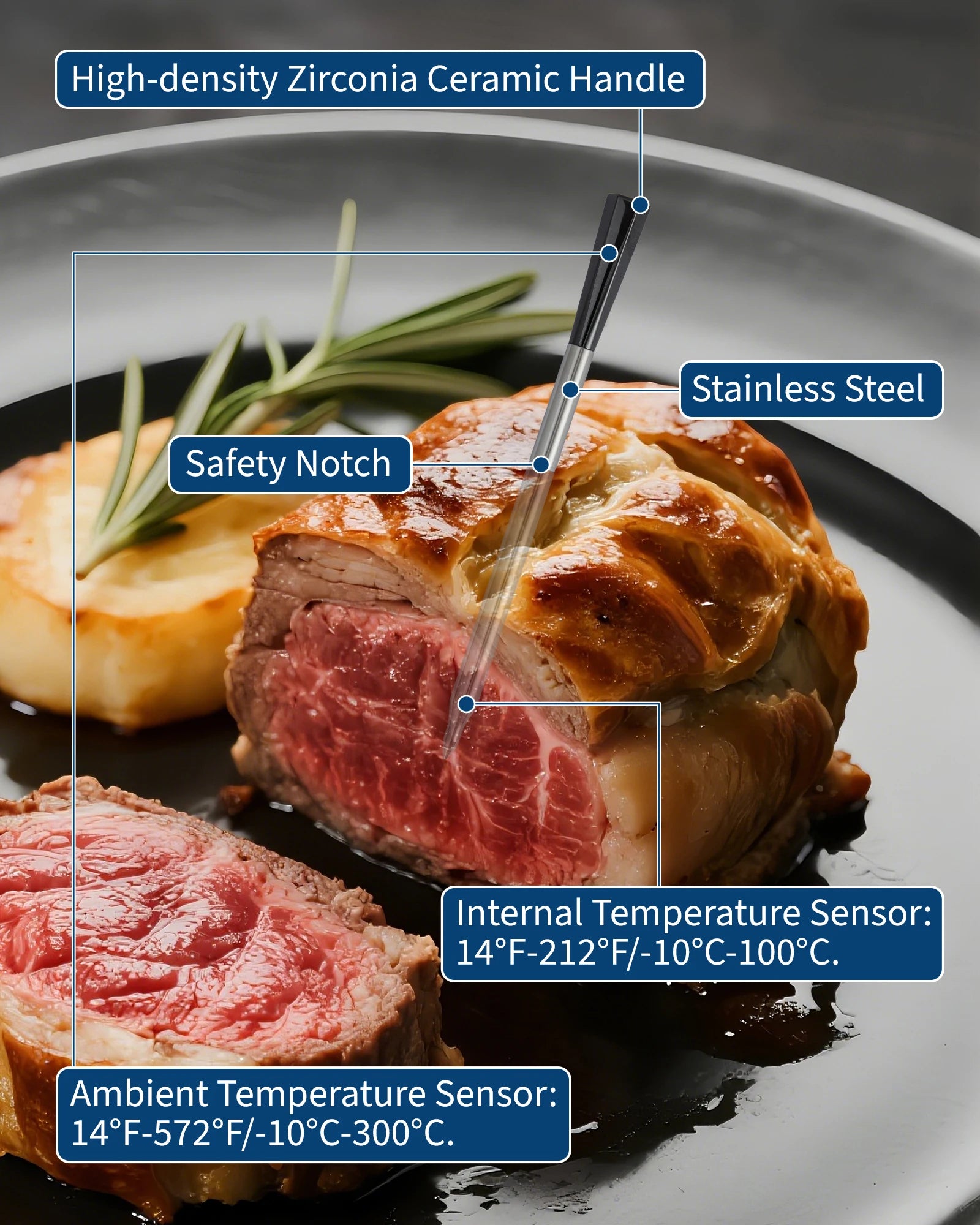 Wireless Meat Thermometer with Bluetooth, Probe BBQ Thermometer for Grill Smoker Oven, 820 ft Remote Range, IP67 Waterproof, App Control, Fast Charging