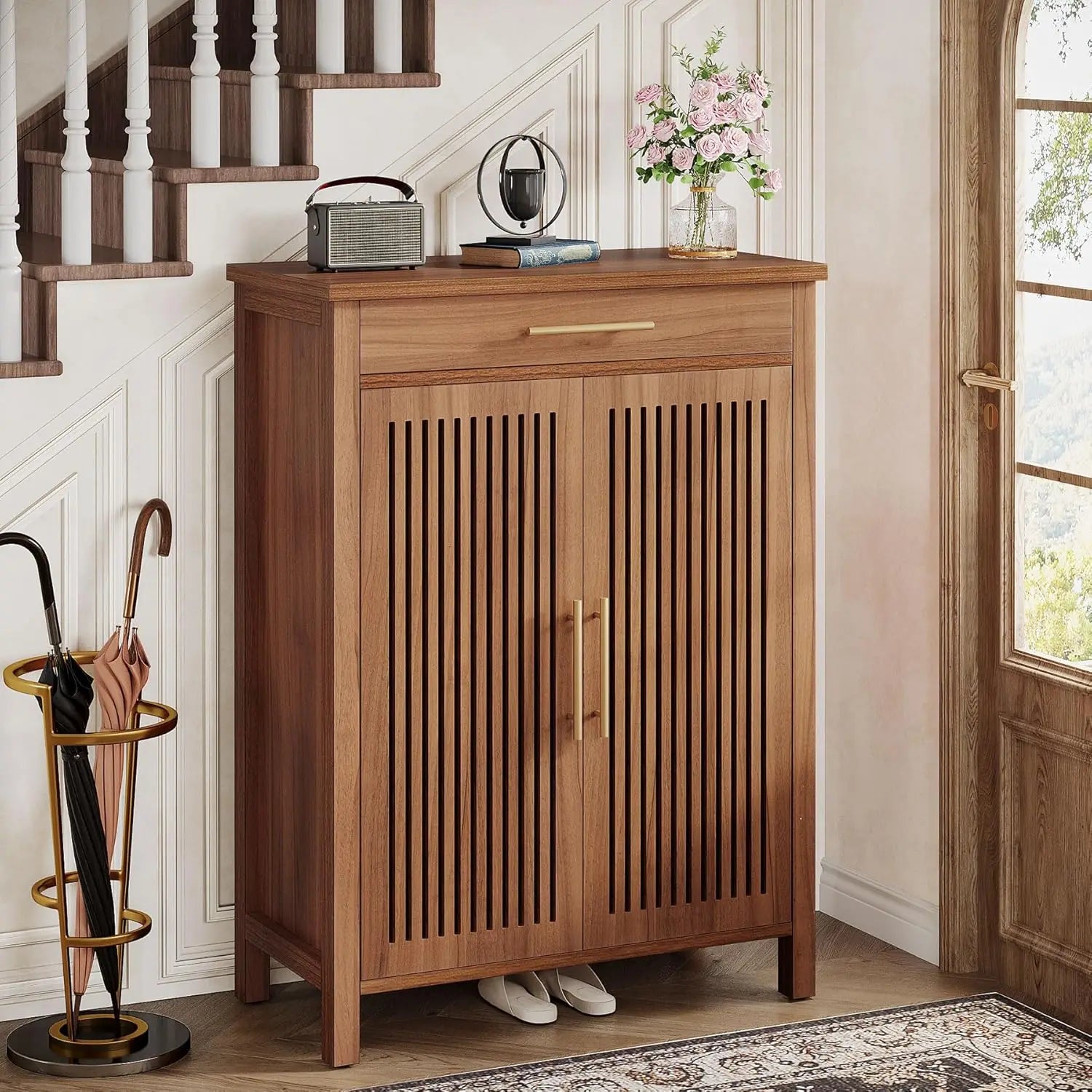 5-Tier Wooden Shoe Cabinet with Louvered Doors, Freestanding