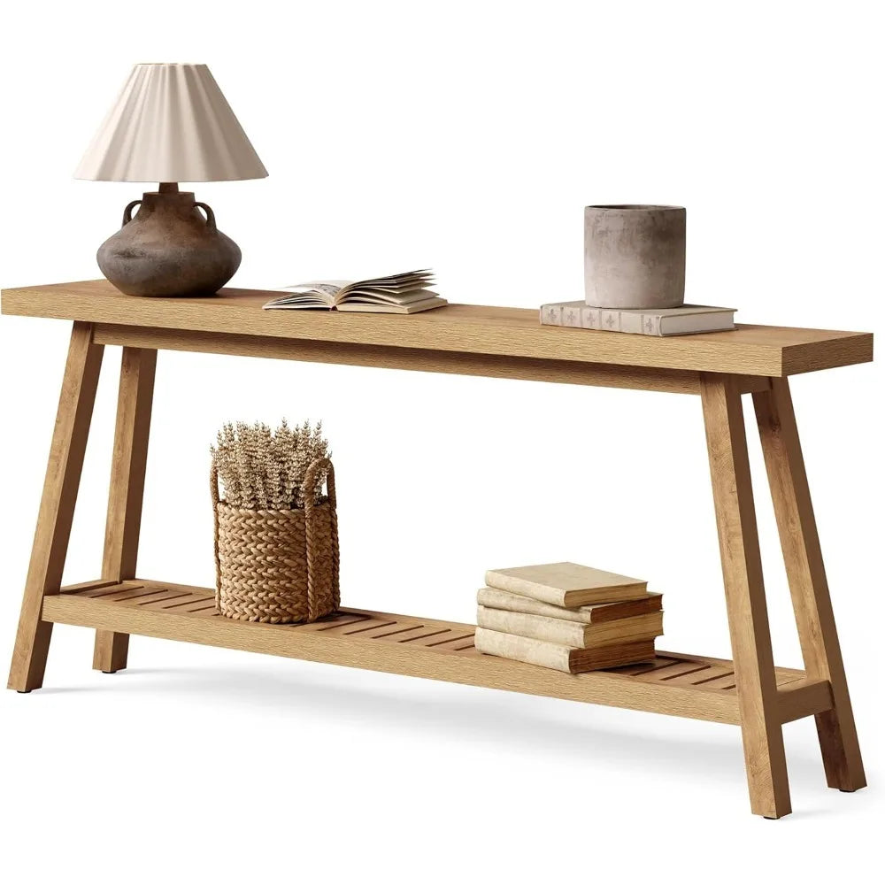 Extra Long Console Table for Entryway, 2-Tier Narrow Wood Sofa Table Behind Couch