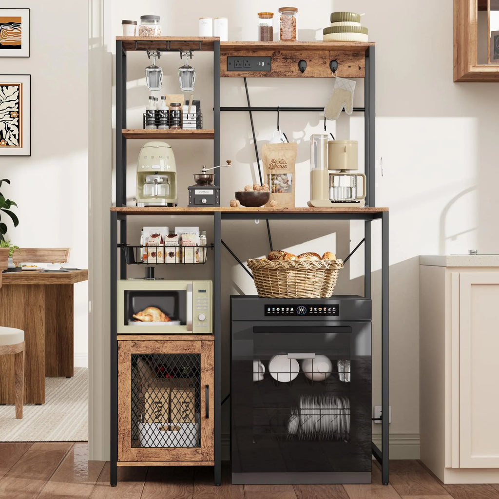 Kitchen Bakers Rack with Power Outlet and Storage Cabinet, Coffee Bar Microwave Stand with Refrigerator Space, Freestanding Kitchen Shelf for Pantry Living Room, Rustic Brown