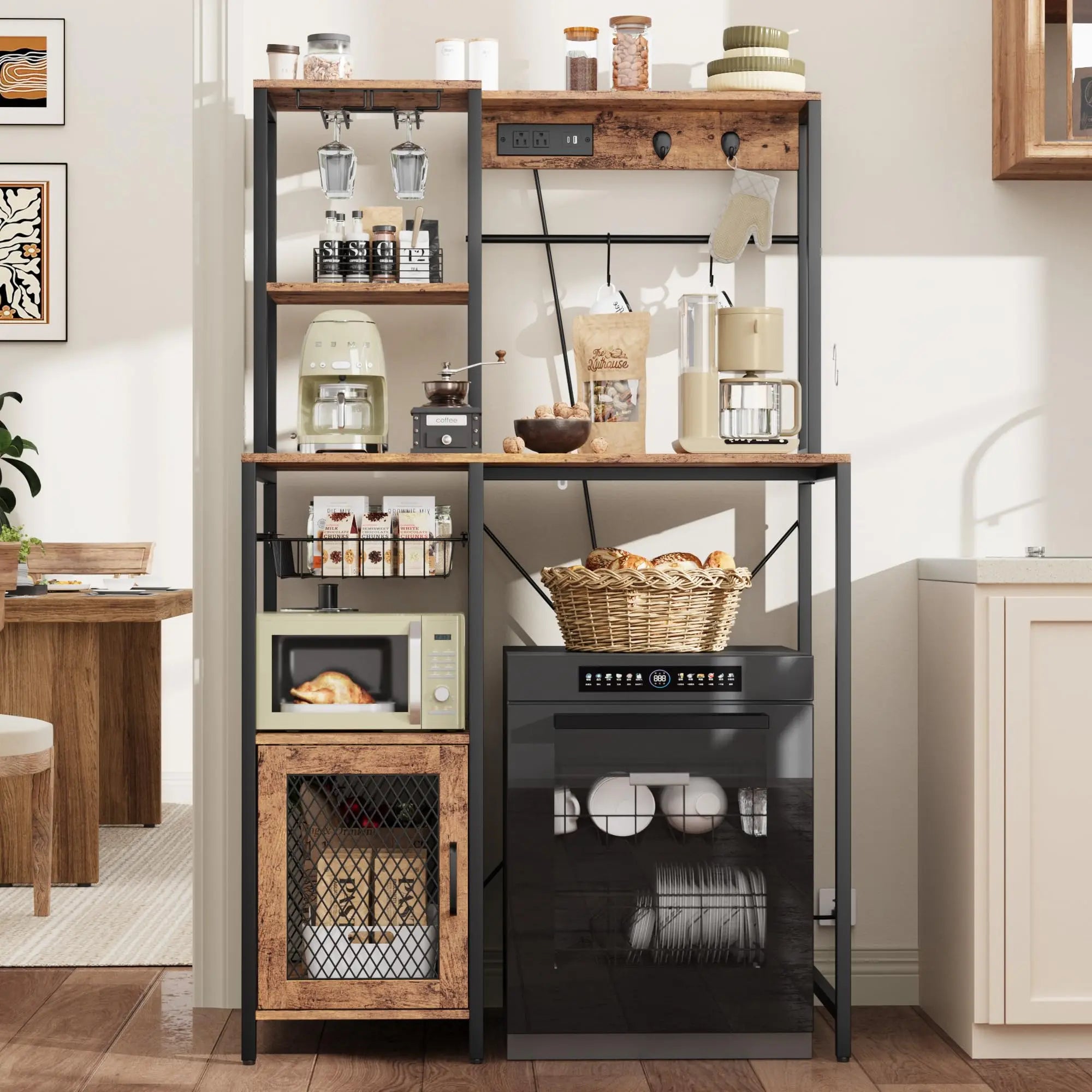Kitchen Bakers Rack with Power Outlet and Storage Cabinet, Coffee Bar Microwave Stand with Refrigerator Space, Freestanding Kitchen Shelf for Pantry Living Room, Rustic Brown