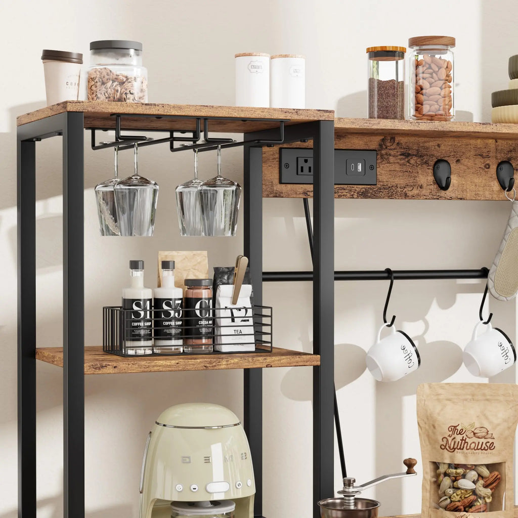 Kitchen Bakers Rack with Power Outlet and Storage Cabinet, Coffee Bar Microwave Stand with Refrigerator Space, Freestanding Kitchen Shelf for Pantry Living Room, Rustic Brown
