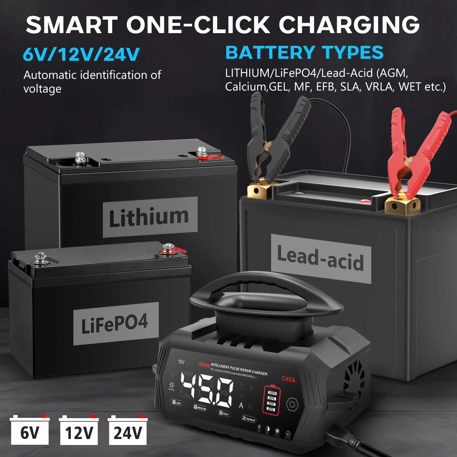 HTRC 45A/18A/10A Smart Battery Charger for 6V/12V/24V Car Motorcycles Lifepo4 Lead Acid AGM GEL PB Lithium Car Battery Repair