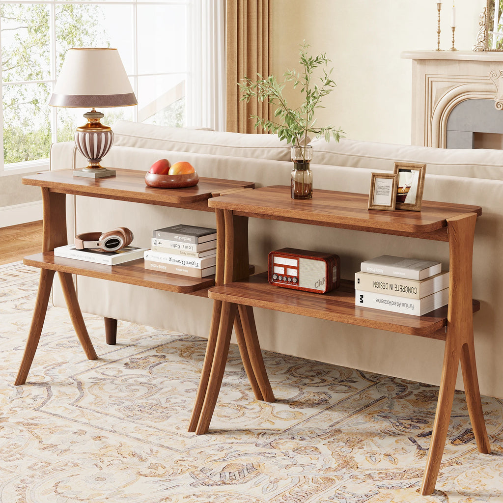 Walnut Side Table for Living Room, Narrow End Table with 2-Tier Storage Shelf and Solid Wood Legs