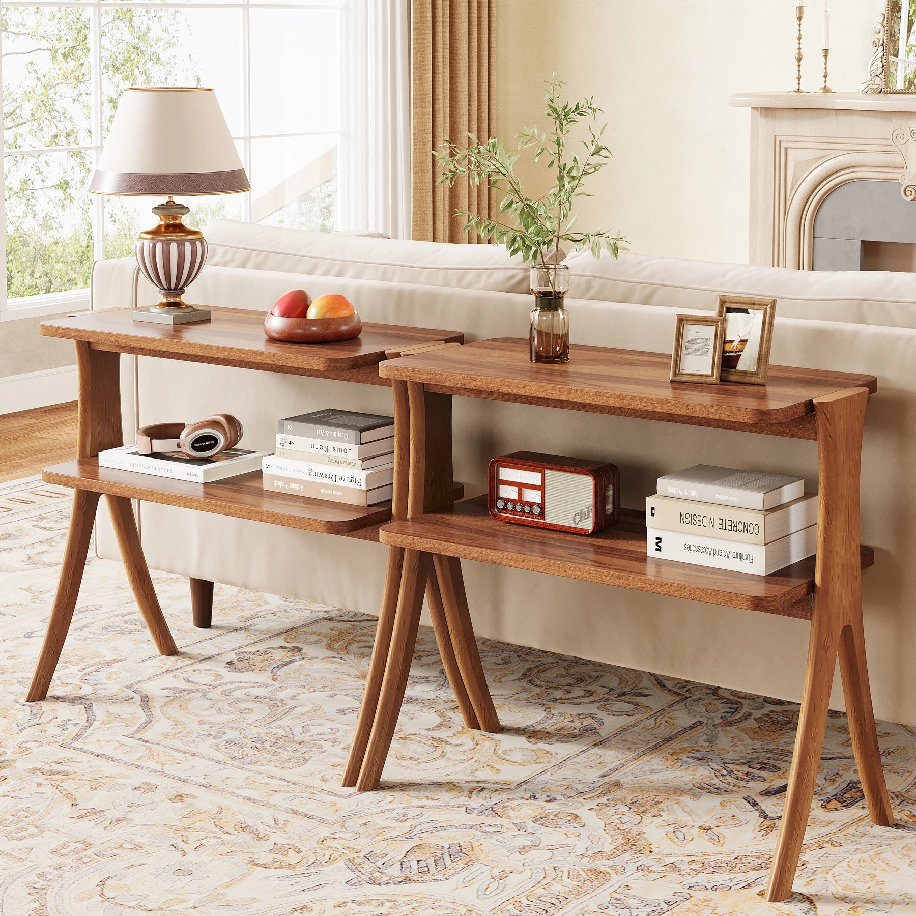 Walnut Side Table for Living Room, Narrow End Table with 2-Tier Storage Shelf and Solid Wood Legs