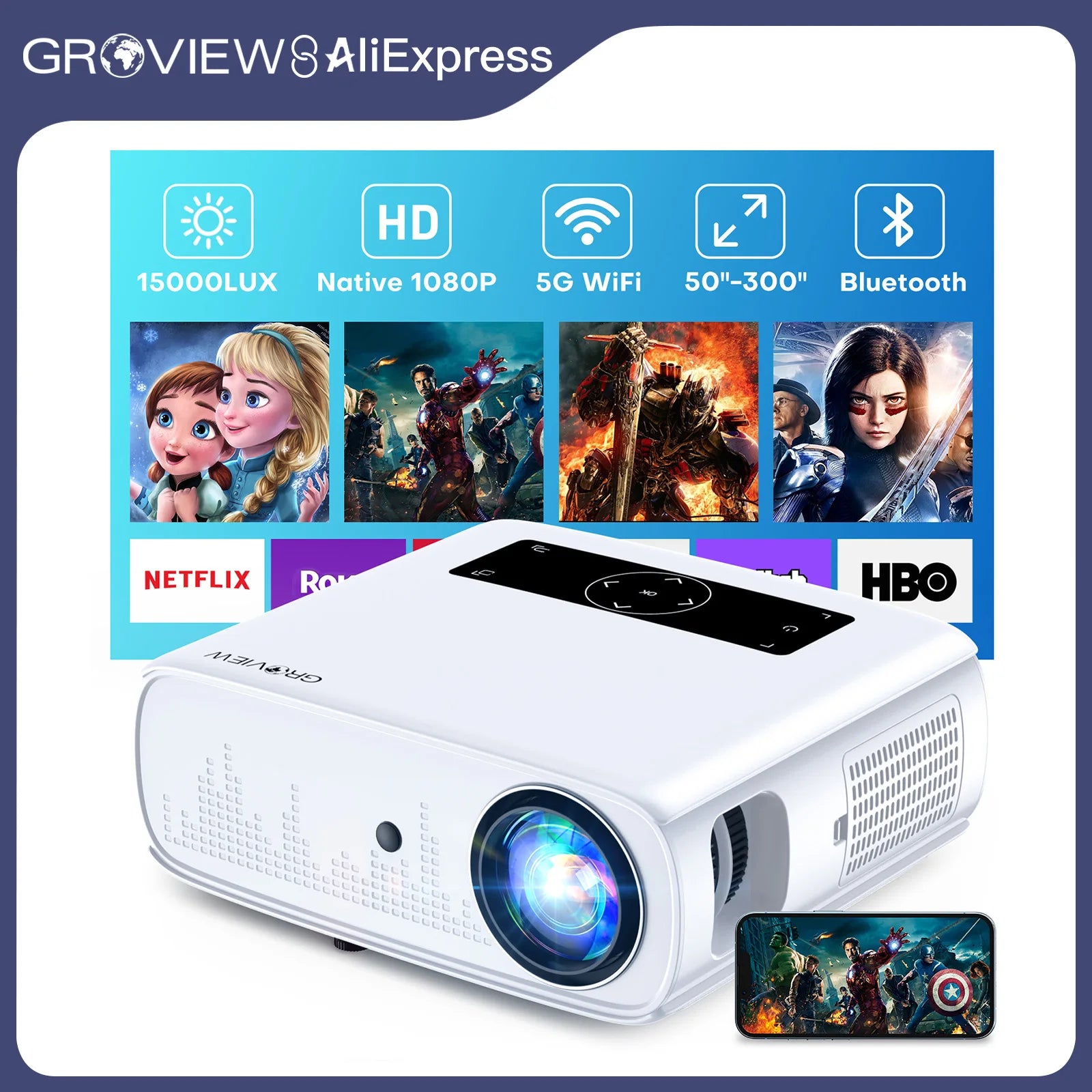 Projector,  WiFi /Bluetooth, 300'' Screen, 4K Support, Zoom, 5G Sync, HDMI/USB/AV/Smartphone