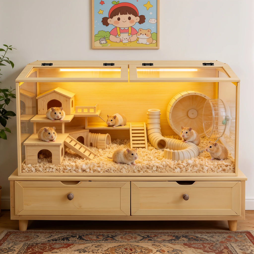 Large Wooden Hamster Cage Clear Tempered Glass Habitat Cage Playful Hutch House Built-in LED Light
