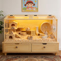 Large Wooden Hamster Cage Clear Tempered Glass Habitat Cage Playful Hutch House Built-in LED Light