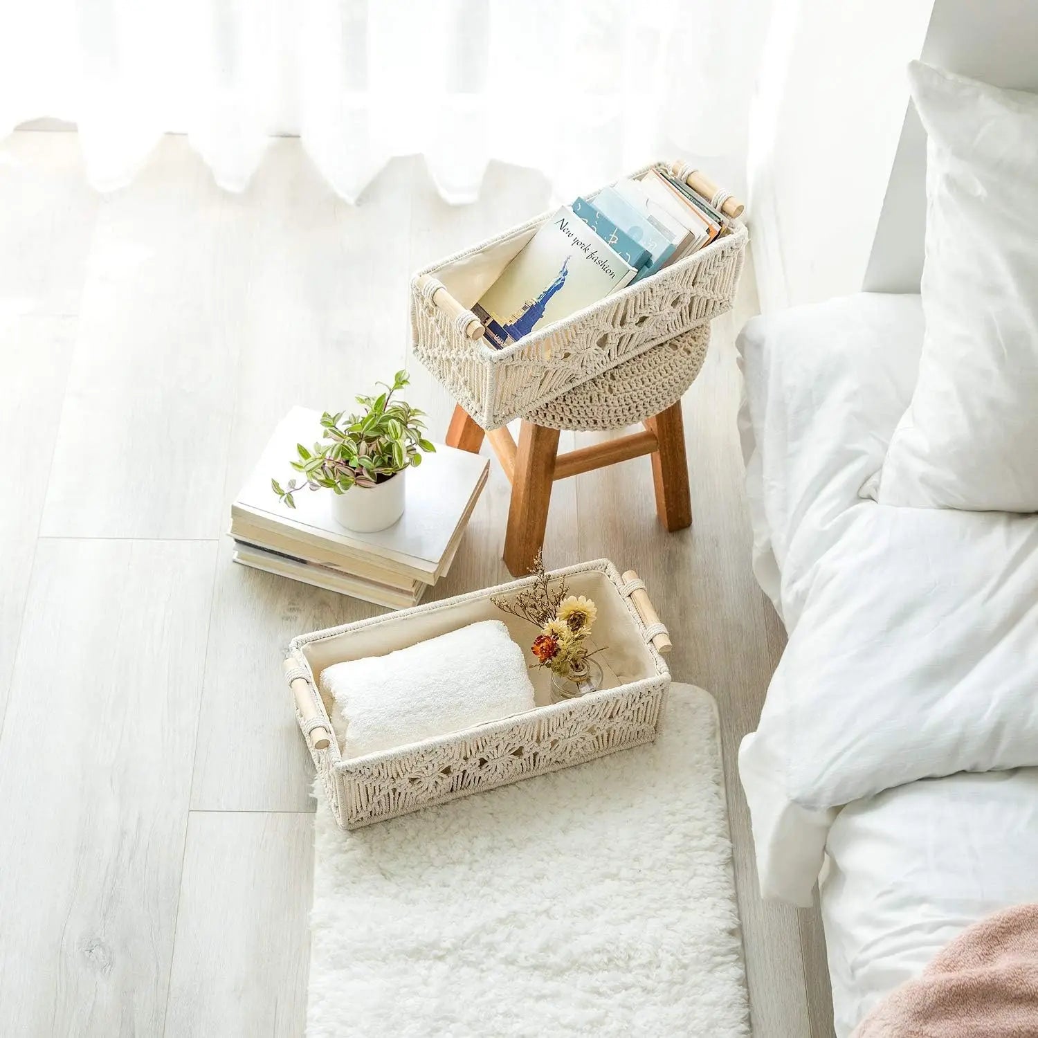 Boho Decor Box Handmade Woven Decorative Countertop Toilet Tank Shelf Cabinet Organizer for Bedroom Livingroom Home, Set of 2, Ivory