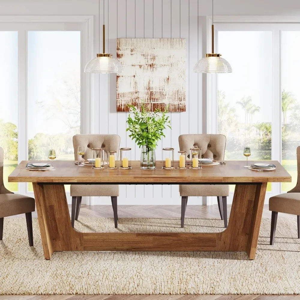 Large Wooden Dining Table for 6-8 People, Rectangular Farmhouse with Sturdy Base
