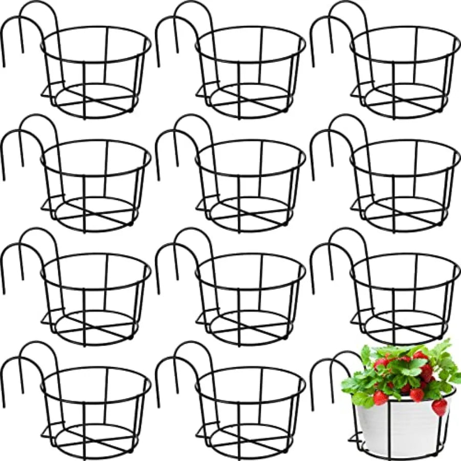 12 Pcs Hanging Railing Planters 6 Inch Flower Pot Holders Black Potted Stand Railing Planter Iron Rack Balcony Planter Baskets