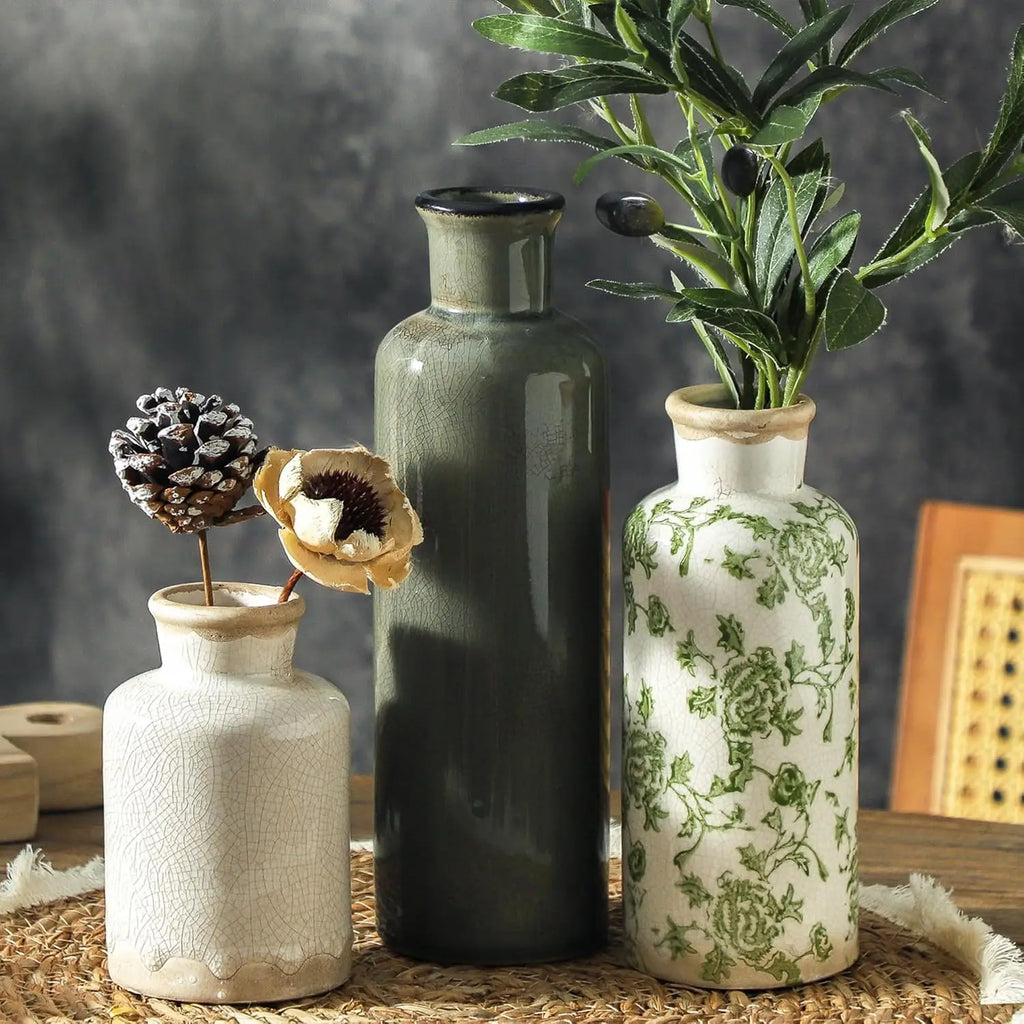 Set of 3, Ceramic Vintage Flower Vases, Kitchen Living Room Office - Green and Beige