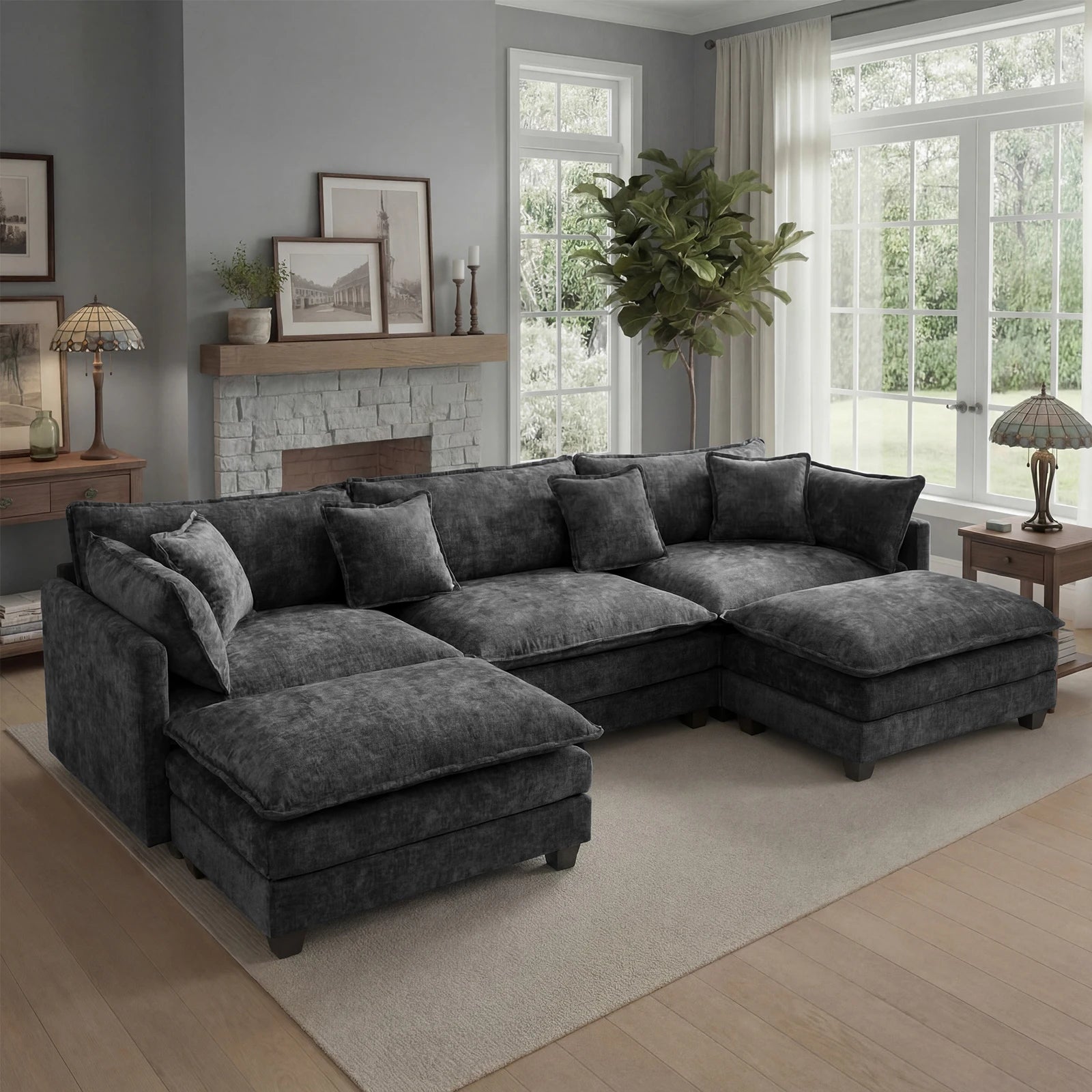 Modular Sectional Sofa with Ottoman, Comfy Cloud Couch with Deep Seat Solid Wood Frame, for Living Room