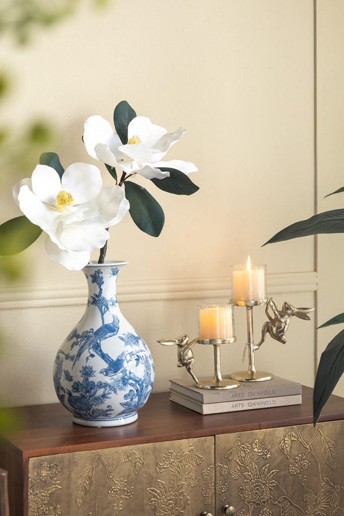 Gold Rabbit Pillar Candle Holder with Clear Glass Hurricane Shade