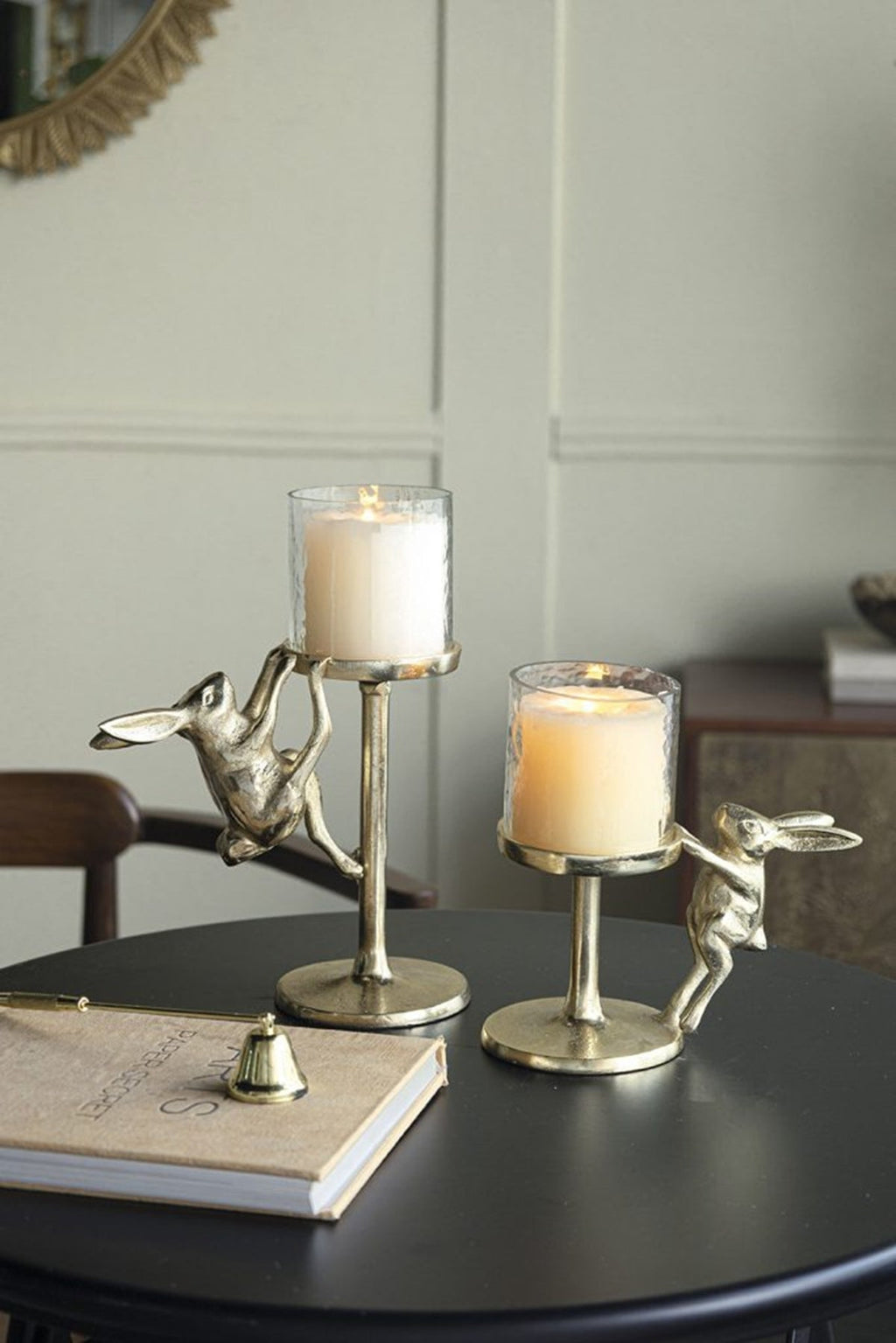 Gold Rabbit Pillar Candle Holder with Clear Glass Hurricane Shade