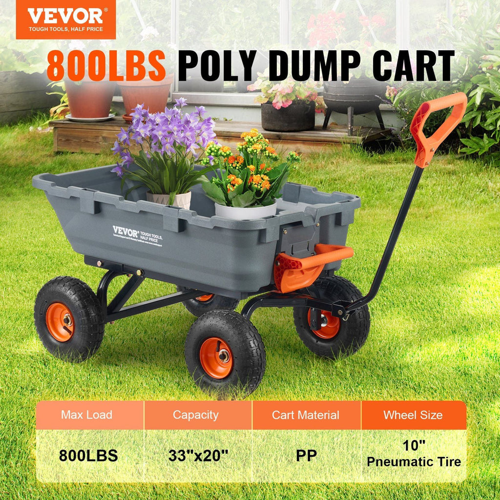 VEVOR Garden Cart, Durable Poly Dump Cart with Simple Assembly Steel Structure, Versatile Dump Wagon with Dual-Function Handle, Handy Wheelbarrow with 800 lbs Load Capacity, 10 inch Wheels