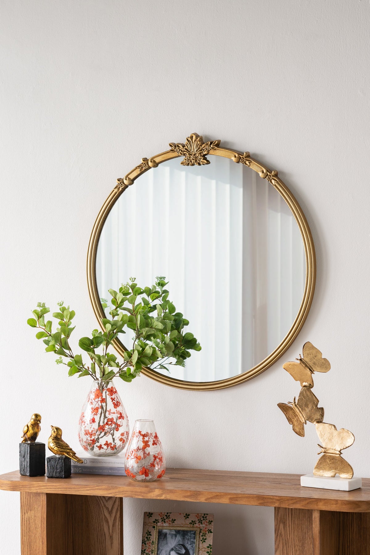 Round Wall Mirror with Decorative Leaf Crest - Gold