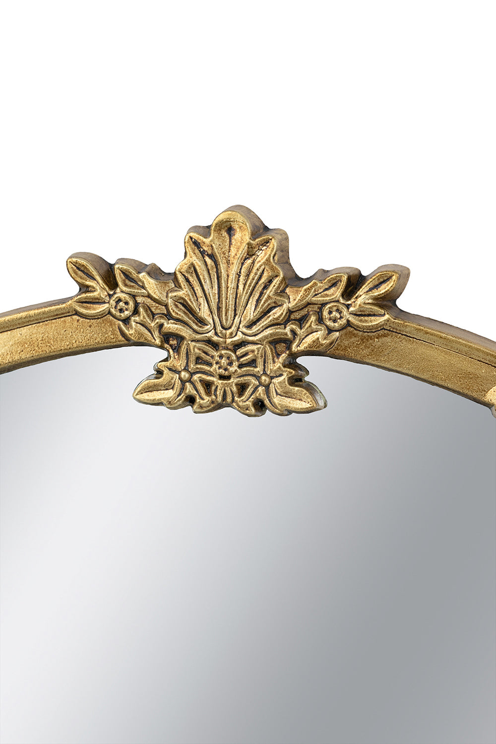 Round Wall Mirror with Decorative Leaf Crest - Gold