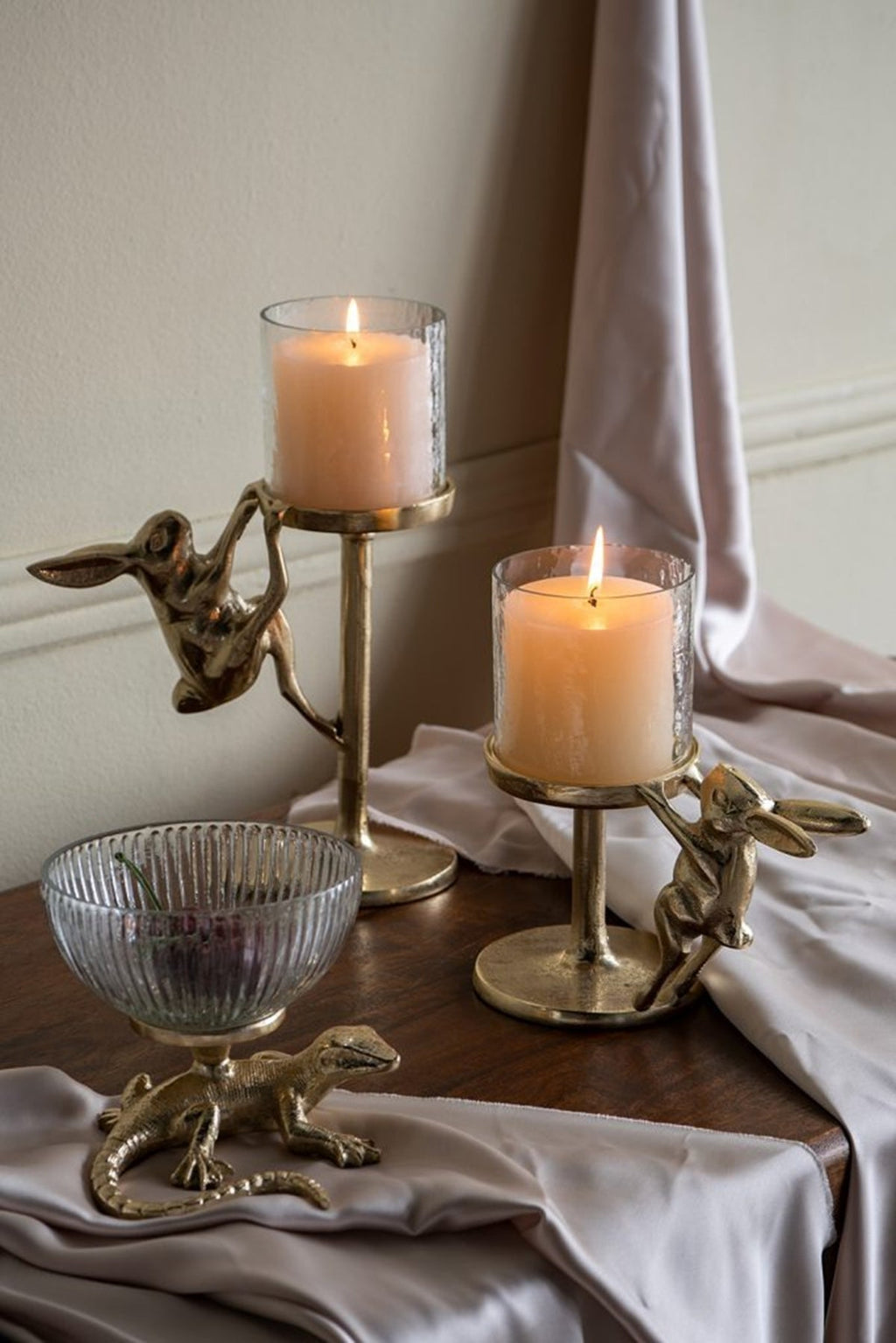 Gold Rabbit Pillar Candle Holder with Clear Glass Hurricane Shade